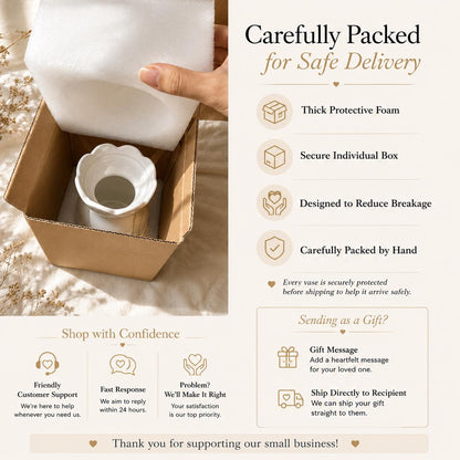 A white ceramic vase with a scalloped rim inside a brown cardboard box with thick protective foam. The image includes text detailing packaging methods, gift options, and customer support policies for the small business.