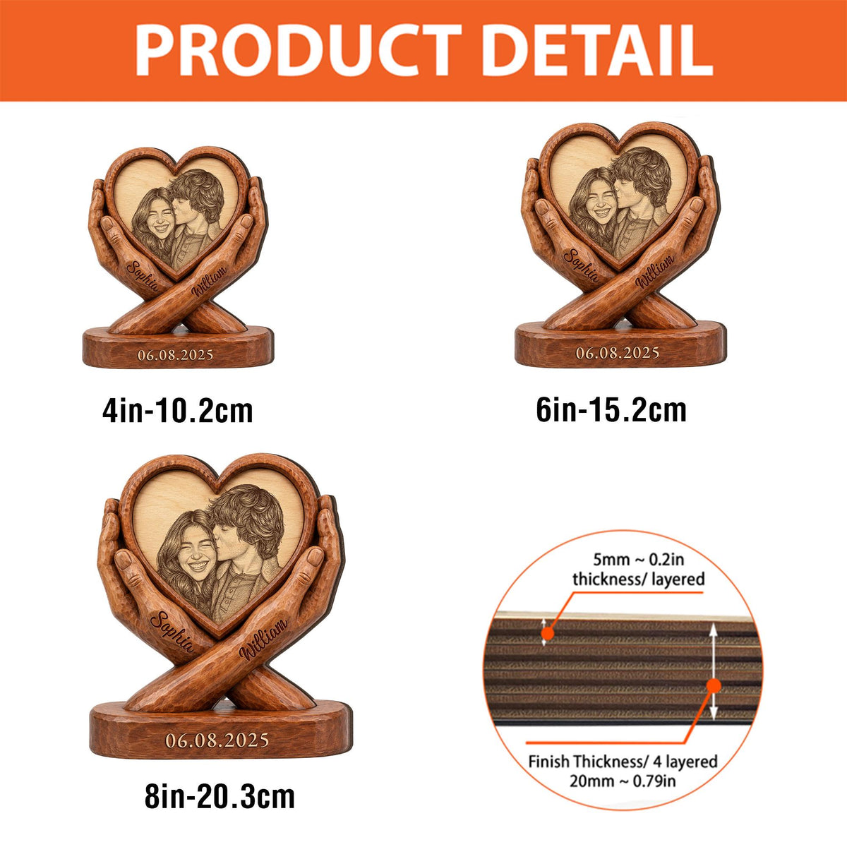 Wooden heart-shaped photo frames held by carved hands, available in 4-inch, 6-inch, and 8-inch sizes. Each frame features a couple's photo and the date 06.08.2025. The finish thickness is 0.79 inches.