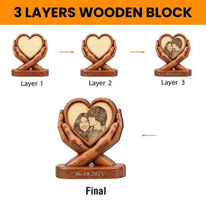 A wooden block with three layers, each featuring a heart-shaped design held by hands. The final layer includes a photo of a couple, names, and a date. The text "3 LAYERS WOODEN BLOCK" is at the top.