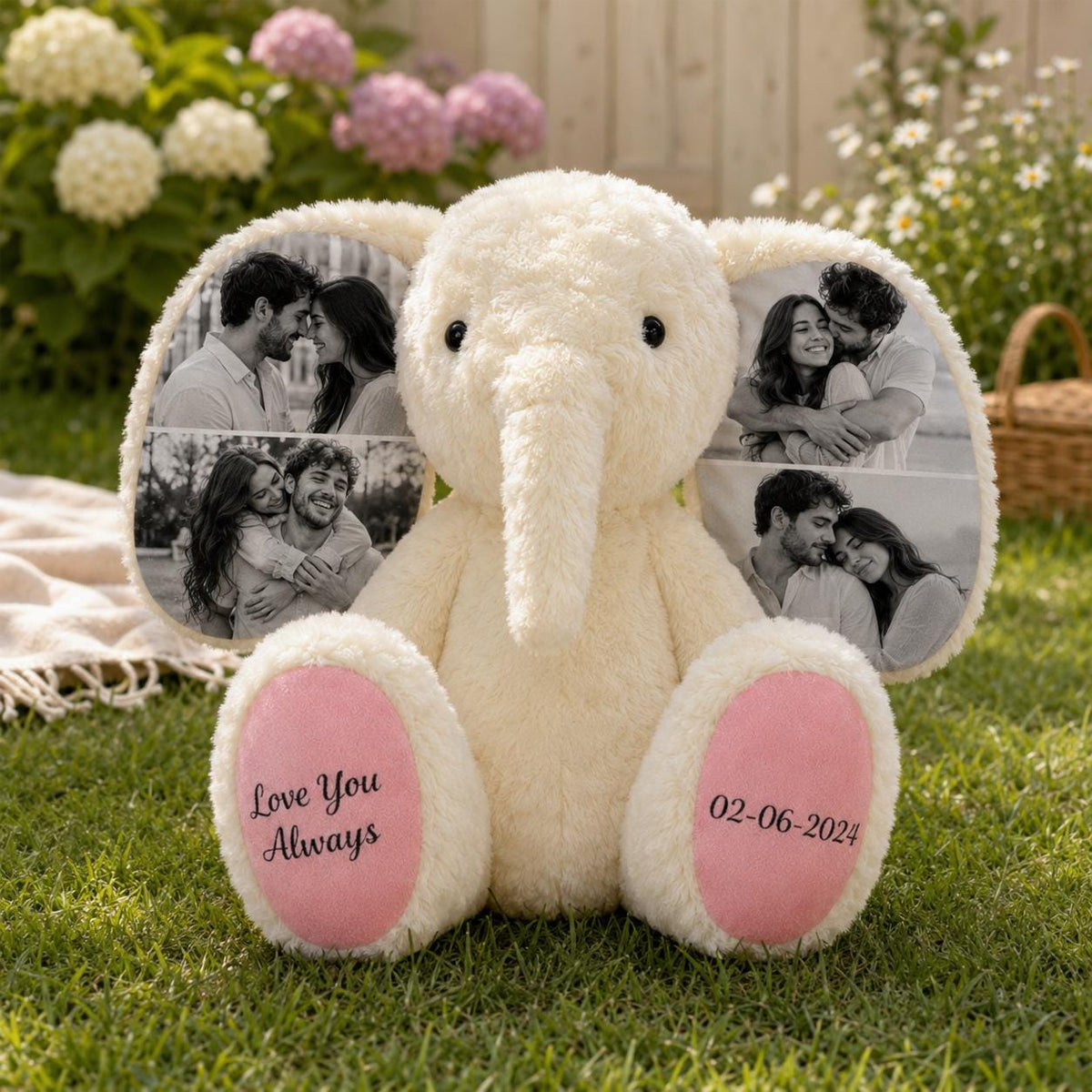 A cream-colored plush elephant toy featuring large ears printed with black and white photographs of a couple. The elephant has pink foot pads with the text Love You Always on the left and the date 02-06-2024 on the right.