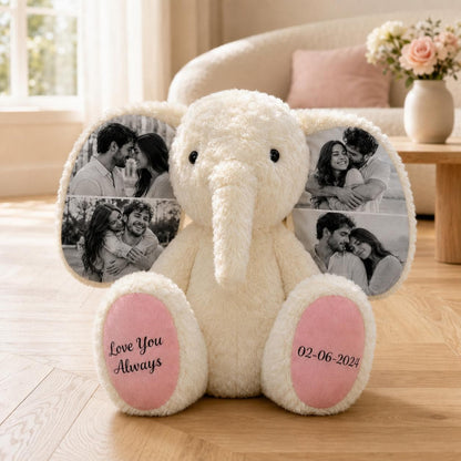 A cream-colored plush elephant toy featuring black and white photo prints on its large ears. The left foot pad is printed with the text Love You Always, and the right foot pad displays the date 02-06-2024 in a dark script font.