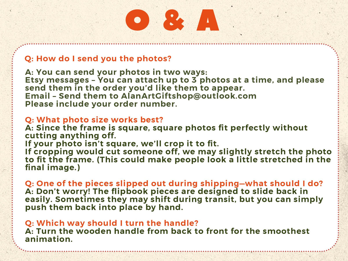 A cream-colored card with orange text that reads "O & A" at the top. The card contains a series of questions and answers about photo size, shipping, and how to use the product. The text is in a clear, easy-to-read font.