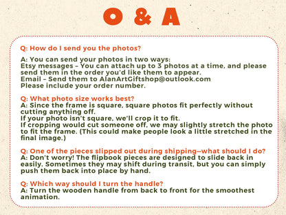 A cream-colored card with orange text that reads "O & A" at the top. The card contains a series of questions and answers about photo size, shipping, and how to use the product. The text is in a clear, easy-to-read font.