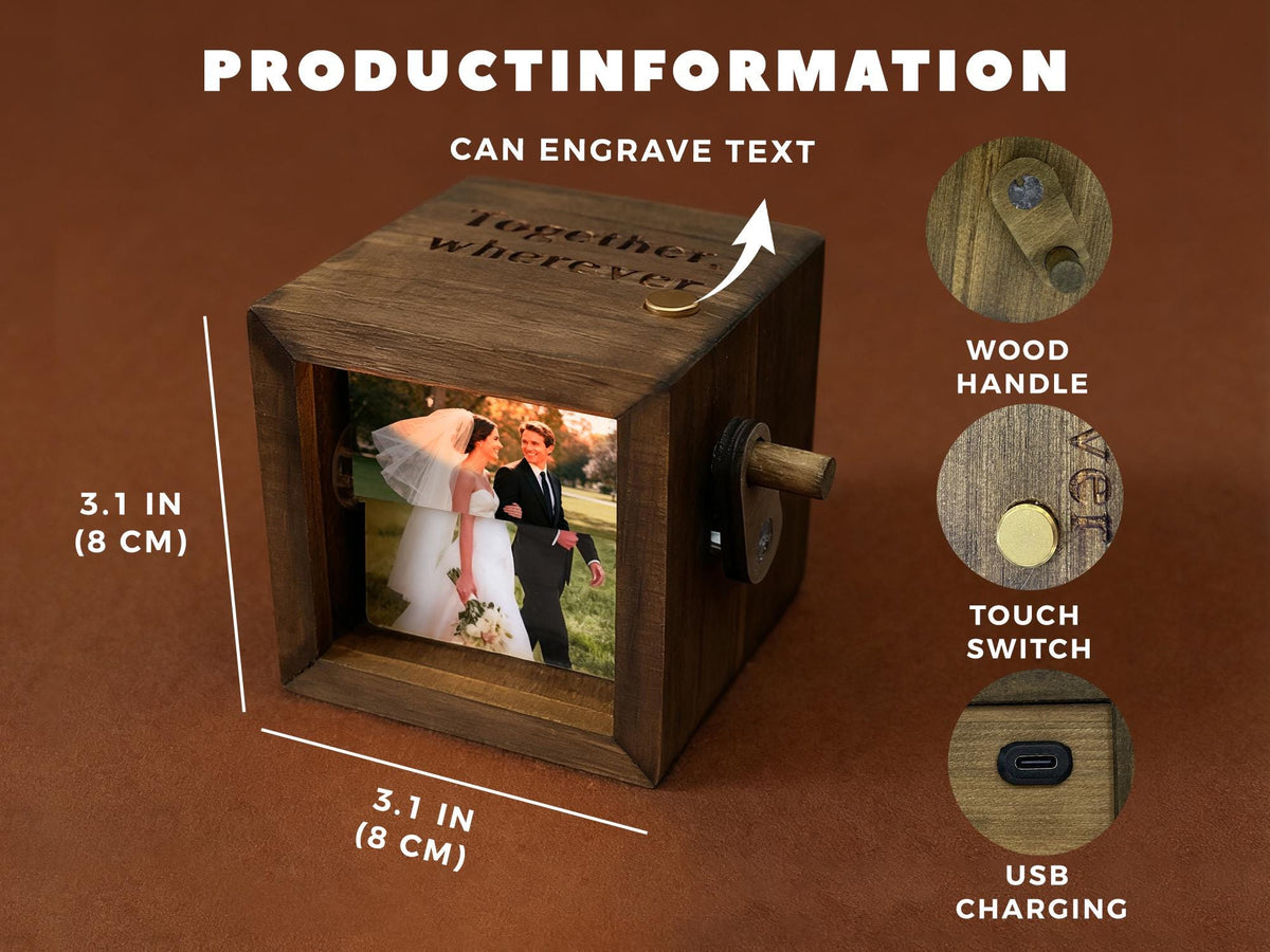 A wooden photo cube, 3.1 inches (8 cm) on each side, with a picture of a couple. Features include a wood handle, touch switch, and USB charging port. The text "Together, wherever" is engraved on the top.