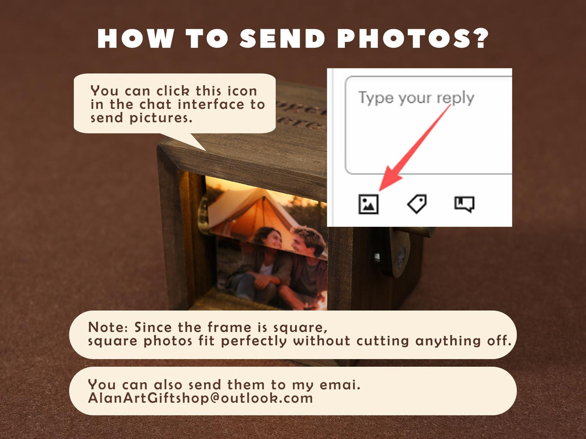 Wooden photo frame with a picture of a couple in a tent. The image shows instructions on how to send photos, including the text "HOW TO SEND PHOTOS?" and "You can click this icon in the chat interface to send pictures."