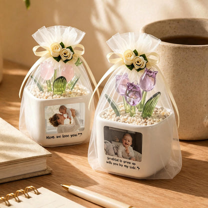 Photo Glass Tulip Pot - Personalized Forever Tulip Desk Decor With Picture - Gift For Her