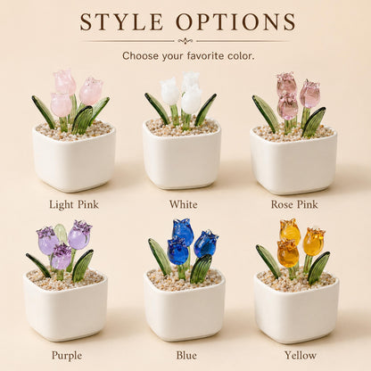 A selection of glass tulip flower arrangements in small white square pots. The tulips come in light pink, white, rose pink, purple, blue, and yellow. The text "STYLE OPTIONS" and "Choose your favorite color" are at the top.