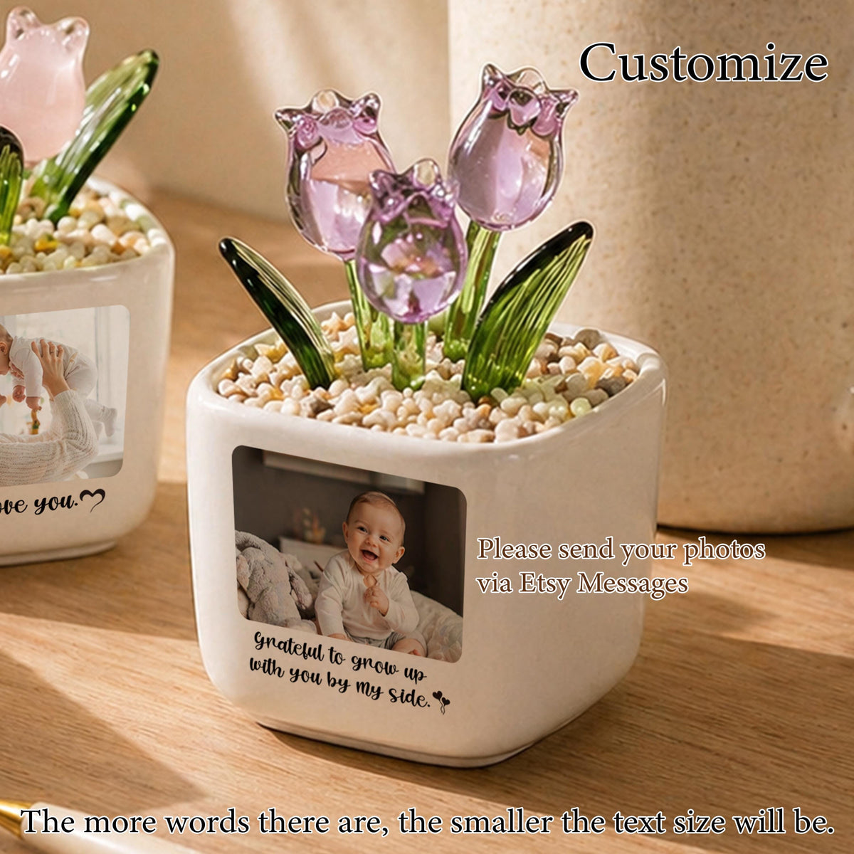 A white ceramic pot with a photo of a baby, glass tulips, and small stones. The text on the pot reads "Grateful to grow up with you by my side." and "Please send your photos via Etsy Messages."