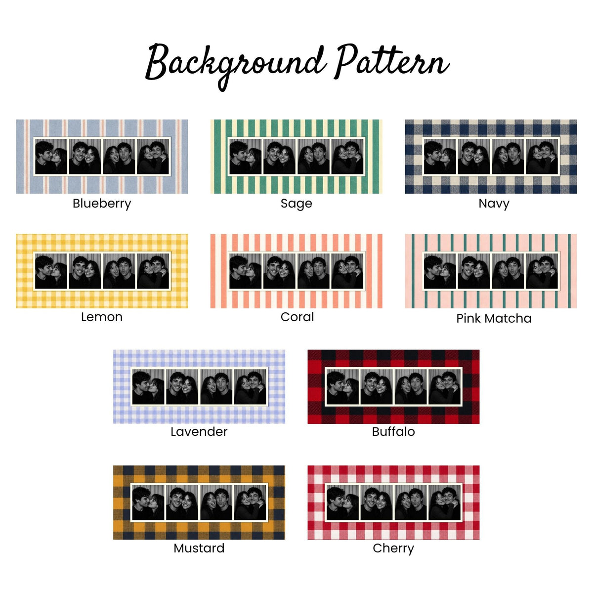 A collection of ten rectangular background patterns labeled Blueberry, Sage, Navy, Lemon, Coral, Pink Matcha, Lavender, Buffalo, Mustard, and Cherry. Each pattern features a central black and white photo strip of a couple.