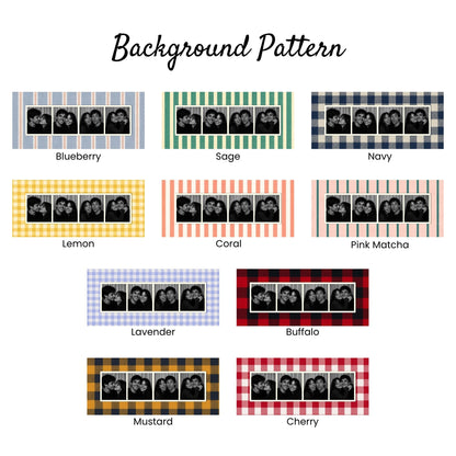 A collection of ten rectangular background patterns labeled Blueberry, Sage, Navy, Lemon, Coral, Pink Matcha, Lavender, Buffalo, Mustard, and Cherry. Each pattern features a central black and white photo strip of a couple.