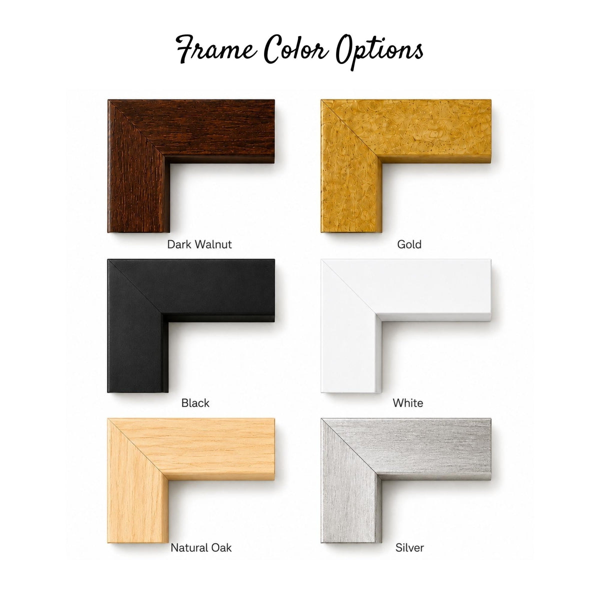Six L-shaped frame corner samples labeled Frame Color Options. The colors include dark walnut, gold, black, white, natural oak, and silver. Each sample shows the profile and finish of the frame material in a grid layout.
