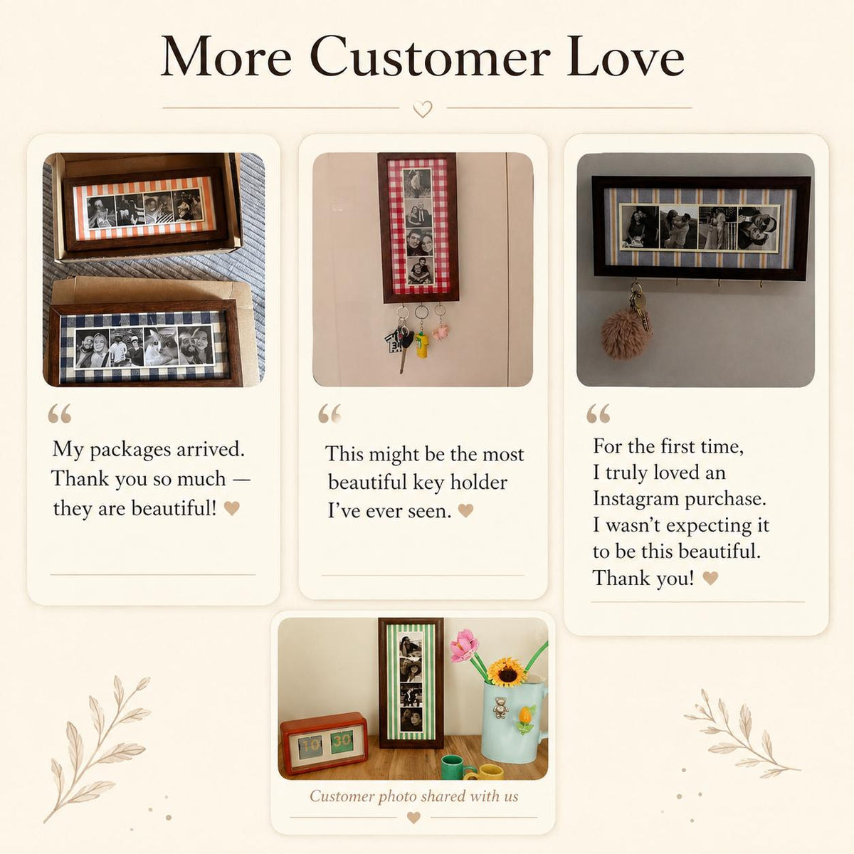 A collection of rectangular wooden photo frames with fabric borders in various patterns, including gingham and stripes. Some frames function as wall-mounted key holders with metal hooks, displaying multiple black and white photos.