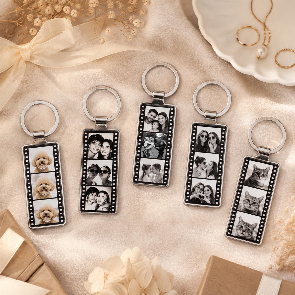 Five rectangular silver-toned metal keychains, each featuring a vertical strip of three black and white photographs arranged like a film reel. The images display various portraits of people and pets, including dogs and cats, with a ring.