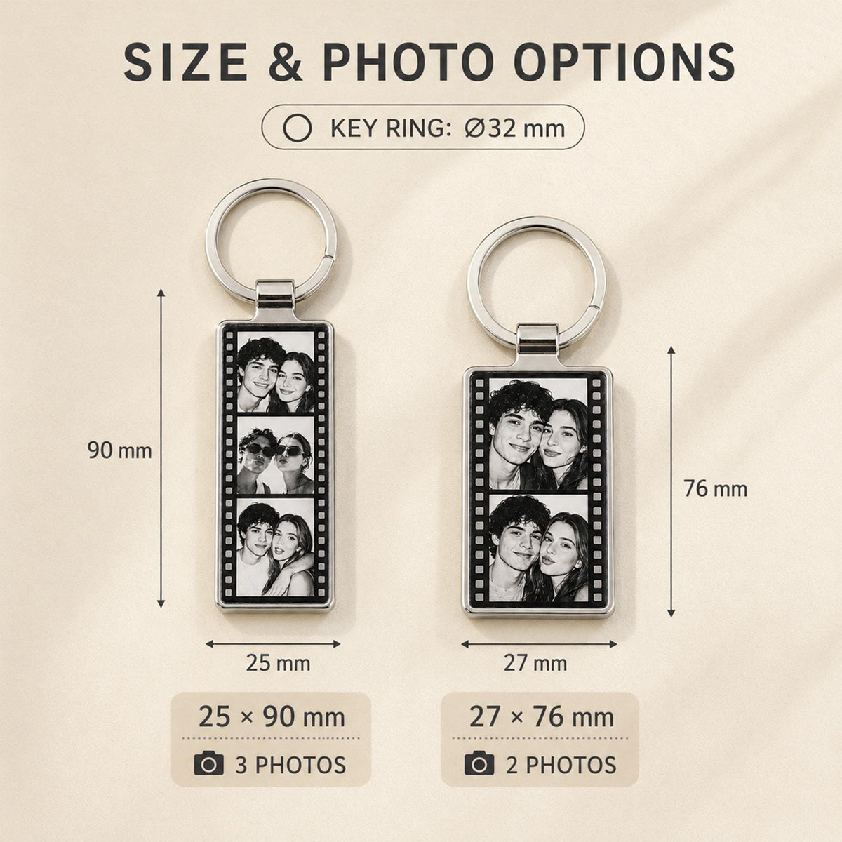 Two silver rectangular keychains with film strip borders displaying black and white photos. One keychain measures 25 mm by 90 mm with 3 photos, the other 27 mm by 76 mm with 2 photos. Both feature a 32 mm diameter key ring and text SIZE & PHOTO OPTIONS.
