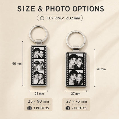 Two silver rectangular keychains with film strip borders displaying black and white photos. One keychain measures 25 mm by 90 mm with 3 photos, the other 27 mm by 76 mm with 2 photos. Both feature a 32 mm diameter key ring and text SIZE & PHOTO OPTIONS.