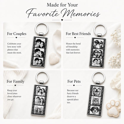 A rectangular silver-toned metal keychain featuring a vertical film strip design with three customizable photo slots. The keychain includes a circular split ring for keys and displays black and white images of couples, friends, families, and pets.