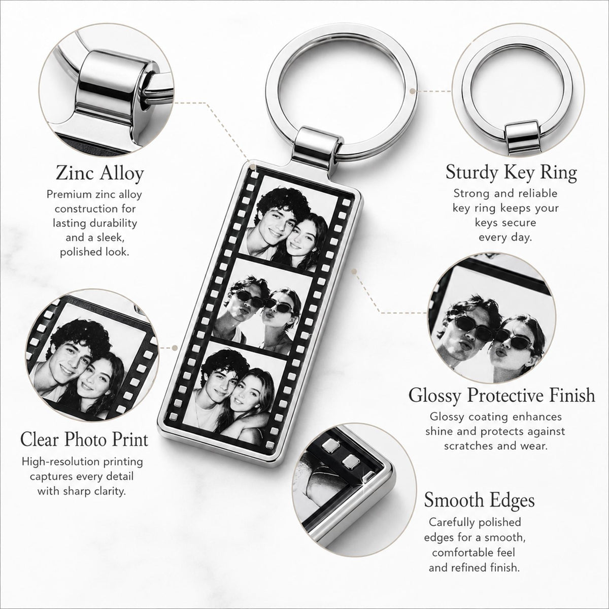 A rectangular metal keychain featuring a film strip design with three black and white portrait photos of a couple. The keychain includes a sturdy silver-toned ring and has a glossy protective finish with smooth, polished edges.
