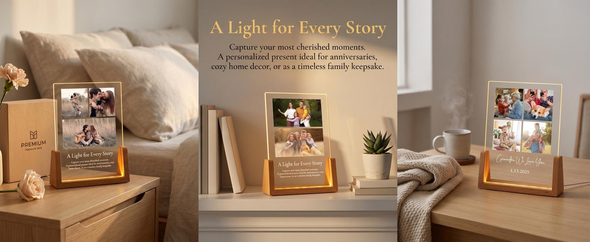 A lighted photo display with a wooden base, showcasing multiple family photos. The display has the text "A Light for Every Story". The warm glow illuminates the images, creating a cozy ambiance. Perfect for home decor.