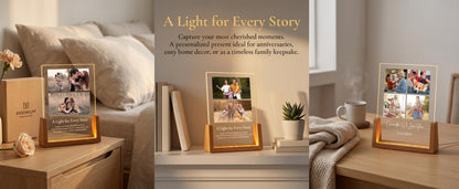 A lighted photo display with a wooden base, showcasing multiple family photos. The display has the text "A Light for Every Story". The warm glow illuminates the images, creating a cozy ambiance. Perfect for home decor.