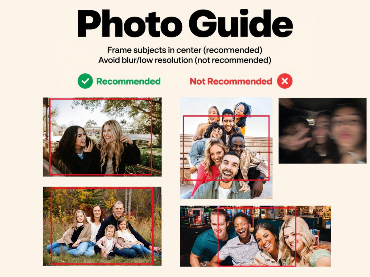 A photo guide with the title "Photo Guide" in bold black letters. The guide recommends framing subjects in the center and avoiding blur or low resolution. Examples of recommended and not recommended photos are shown.