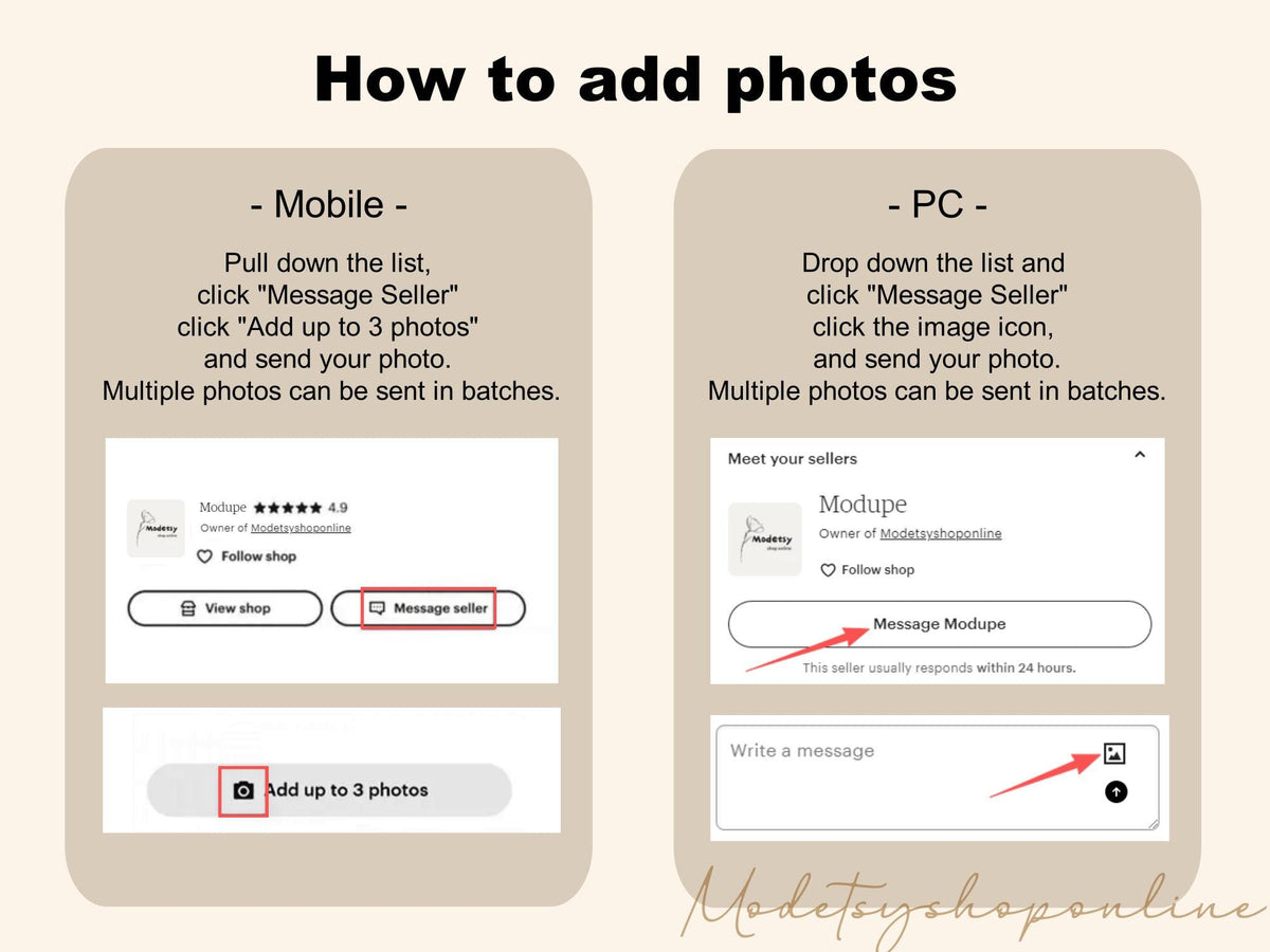 An instructional graphic with the title "How to add photos." It shows how to send photos to a seller on a mobile device and a PC. The mobile instructions show how to add up to 3 photos. The PC instructions show how to click the image icon.