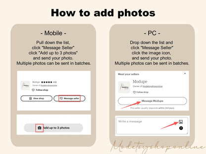 An instructional graphic with the title "How to add photos." It shows how to send photos to a seller on a mobile device and a PC. The mobile instructions show how to add up to 3 photos. The PC instructions show how to click the image icon.