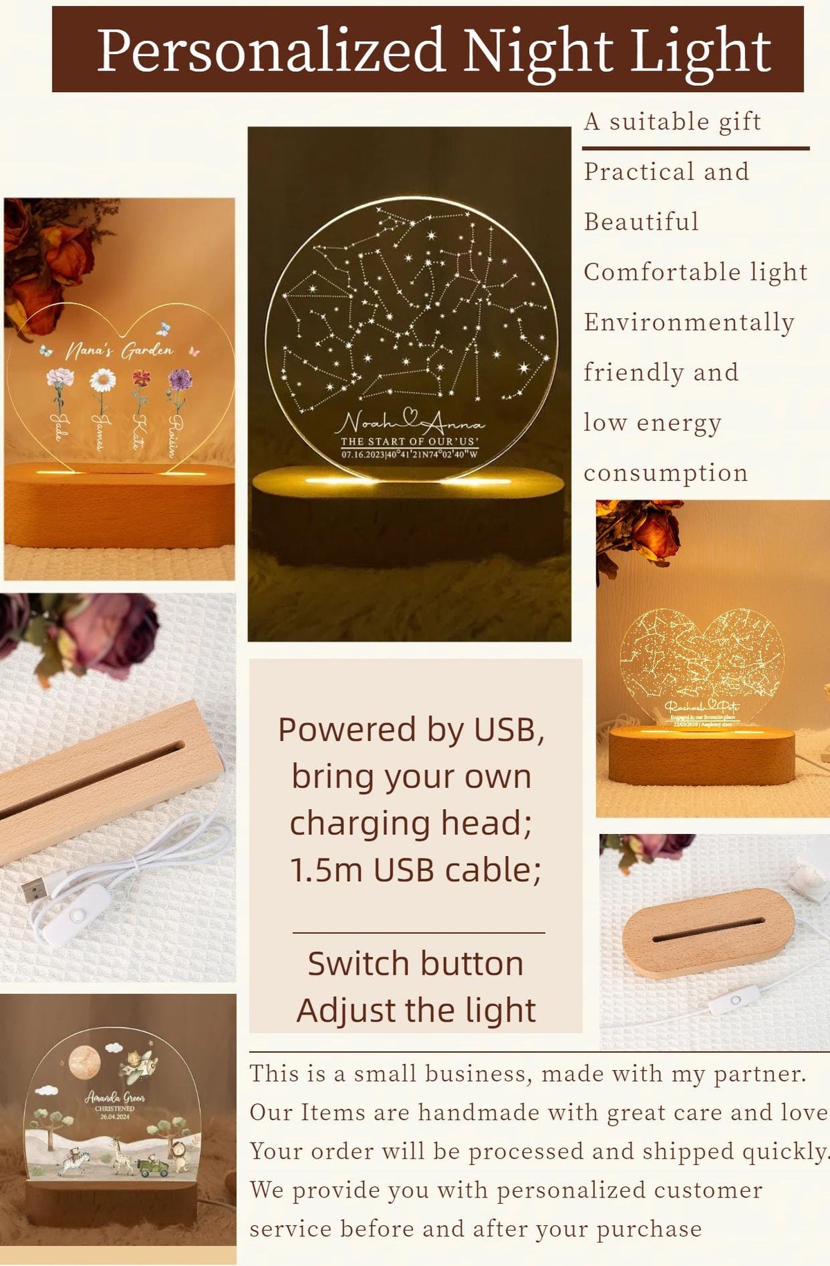 Personalized night lights with a wooden base. One features a constellation design with a couple's names and date. Another has a heart shape with a star map. The text reads "Personalized Night Light".