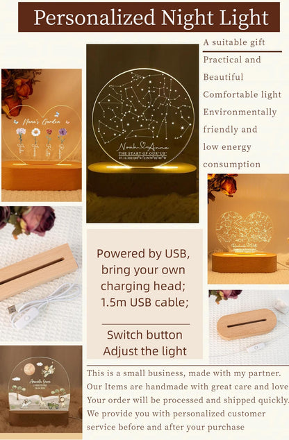 Personalized night lights with a wooden base. One features a constellation design with a couple's names and date. Another has a heart shape with a star map. The text reads "Personalized Night Light".