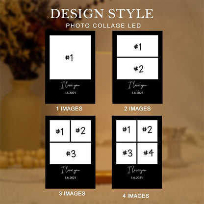 A design guide for photo collage LED displays. The image shows four different layouts for displaying photos, with options for 1, 2, 3, or 4 images. Each layout includes the text "I love you" and the date 1.6.2025.