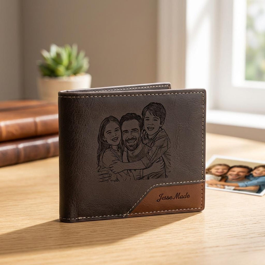 A dark brown bifold wallet featuring a laser-engraved illustration of a person with two children on the front. The bottom right corner has a lighter brown accent panel with the text Jesse Made embossed in a dark script font.