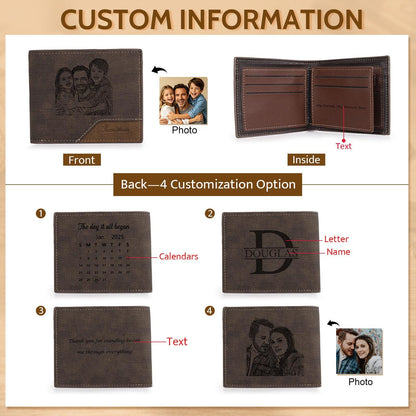 A brown leather bi-fold wallet featuring custom engraving options including a photo of a family, a 2025 calendar, a large letter D with the name Douglas, and personalized text. The wallet interior has multiple card slots.