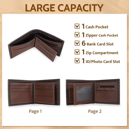 A brown bi-fold wallet with dark brown trim and contrast stitching. The interior features one cash pocket, one zipper cash pocket, six bank card slots, one zip compartment, and one ID/photo card slot with the text My Friend, My Forever Man.