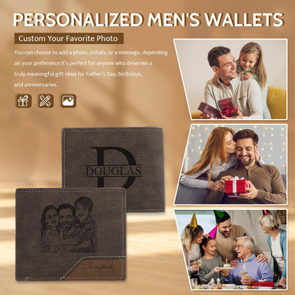 Two brown bi-fold wallets featuring custom engravings. One wallet displays a large letter D with the name DOUGLAS, while the other shows a laser-engraved family portrait. The wallets have visible stitching and a textured surface finish.
