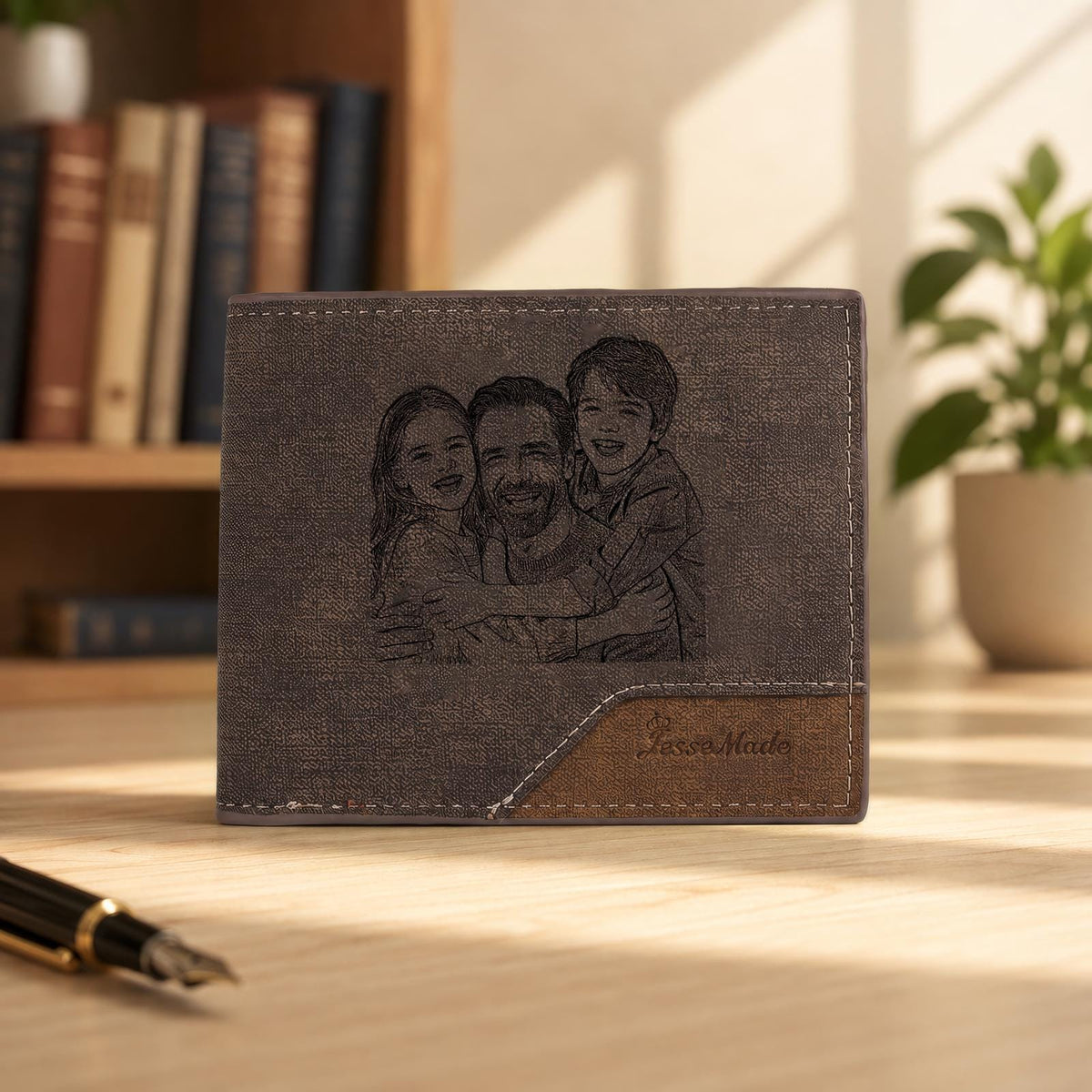 A dark gray bi-fold wallet featuring a laser-engraved portrait of a person hugging two children on the front. The wallet has a textured fabric-like finish and a brown leather-toned corner accent with the embossed text JassoMade.