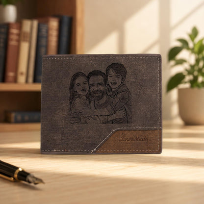 A dark gray bi-fold wallet featuring a laser-engraved portrait of a person hugging two children on the front. The wallet has a textured fabric-like finish and a brown leather-toned corner accent with the embossed text JassoMade.