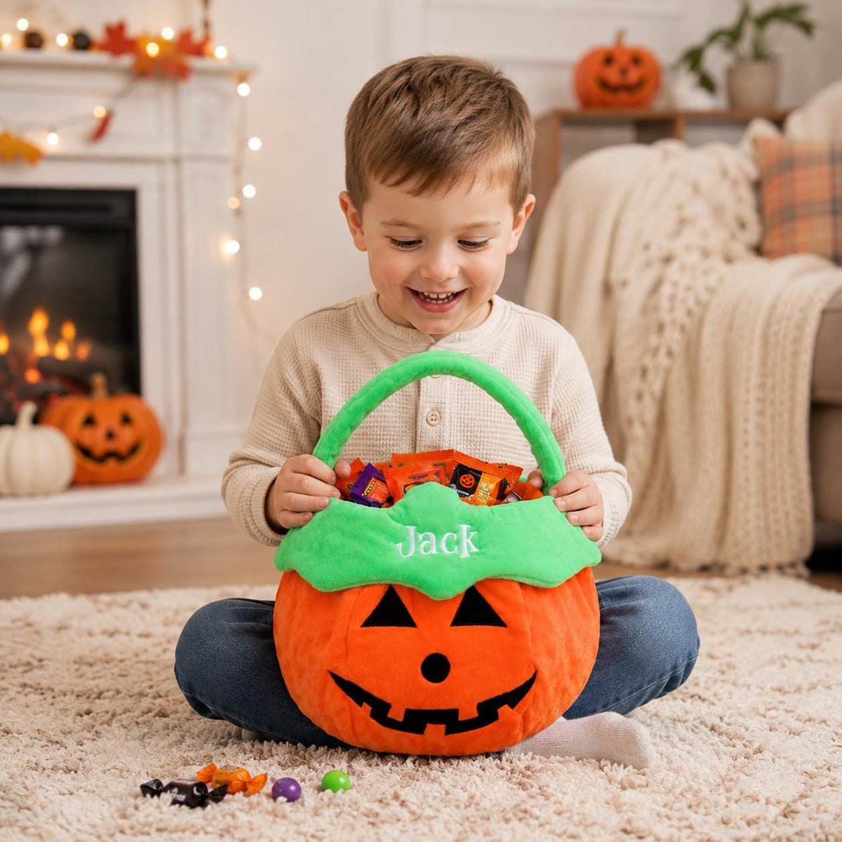A plush orange pumpkin-shaped Halloween candy bucket with a bright green handle and trim. The bucket features a black felt jack-o'-lantern face and the name Jack embroidered in white thread on the front, filled with assorted candies.