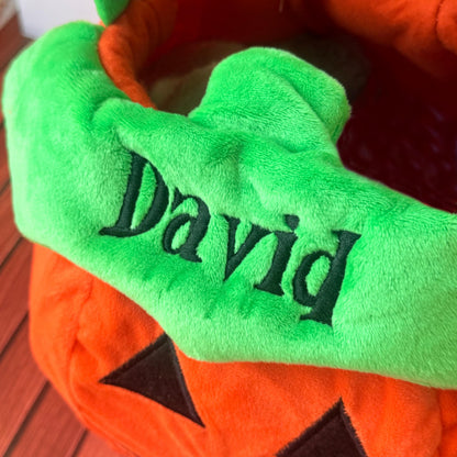 A plush orange pumpkin-shaped basket featuring a bright green fabric trim along the top edge. The name David is embroidered in dark green thread on the front green trim. The pumpkin has black triangular eyes visible below.