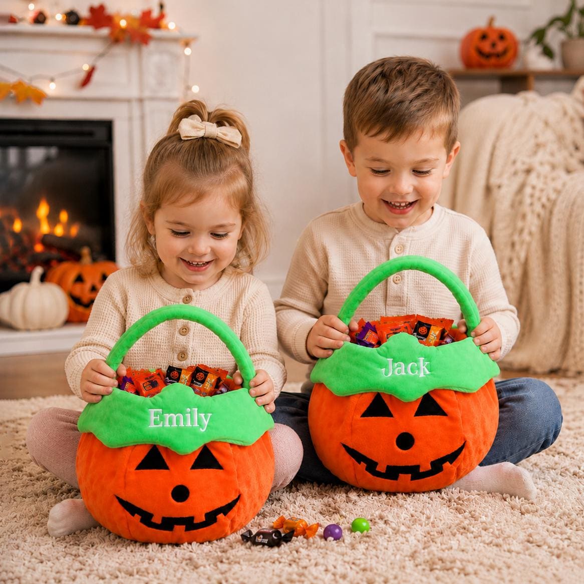 Two plush pumpkin-shaped Halloween candy buckets with green fabric handles and rims. One bucket features the embroidered name Emily, and the other features the name Jack. Both orange buckets have black felt jack-o'-lantern faces.