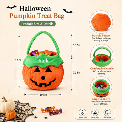 An orange plush pumpkin treat bag with a green handle and trim, featuring a black jack-o'-lantern face and the name Jack embroidered on the front. Dimensions are 12.5 inches high by 10.5 inches wide, with a 7.38 inch bag height.