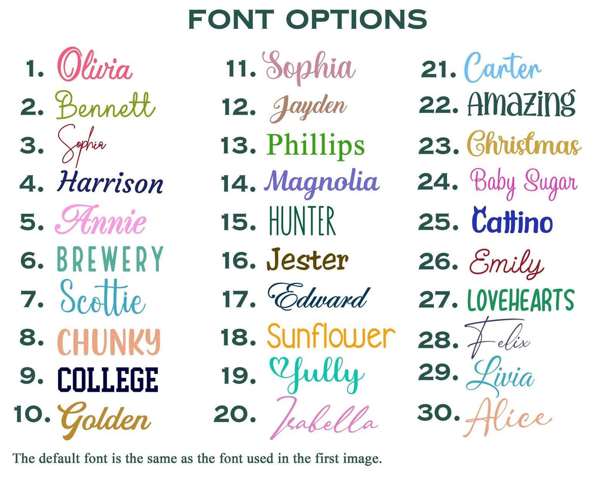 A chart titled FONT OPTIONS displaying thirty numbered examples of various typefaces, each featuring a unique name or word such as Olivia, Bennett, Sophia, Harrison, Annie, Brewery, Scottie, Chunky, College, Golden, and others.
