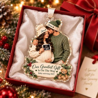 Personalized pregnancy ornament with custom couple design and ultrasound keepsake detail