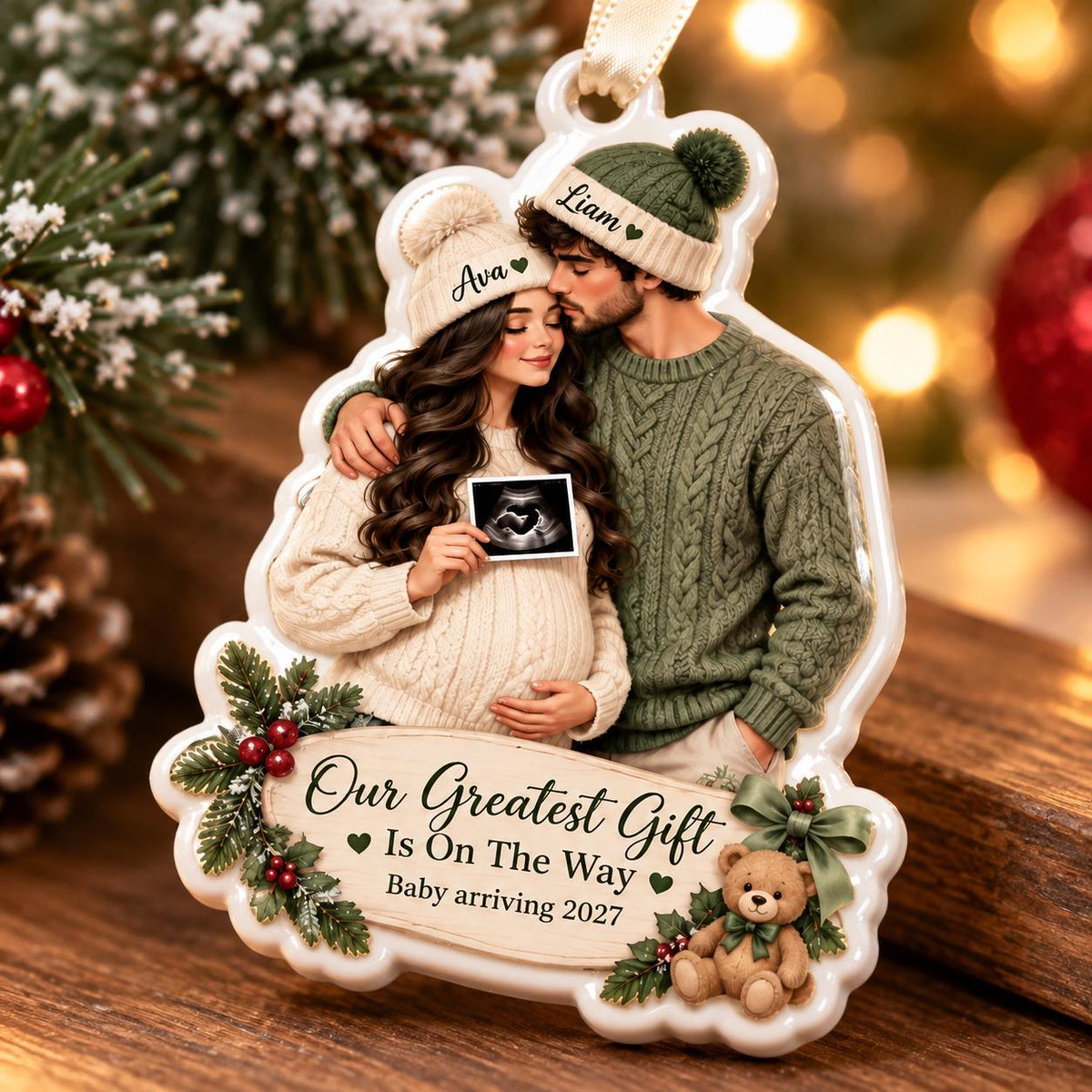 May include: A white ceramic Christmas ornament featuring a couple wearing knit hats labeled Ava and Liam, holding a baby ultrasound image. The ornament includes the text Our Greatest Gift Is On The Way Baby arriving 2027 with pine and teddy bear accents.