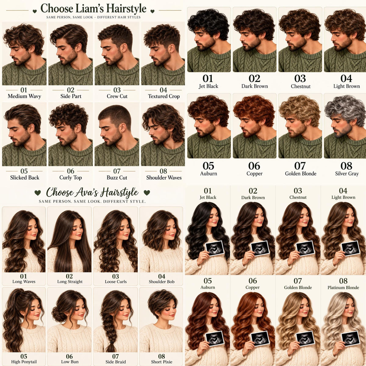 May include: A visual guide titled Choose Liam's Hairstyle and Choose Ava's Hairstyle, displaying various hair styles and colors for two individuals. The chart features numbered portraits showing different cuts, lengths, and shades, including black, brown, blonde, and gray.