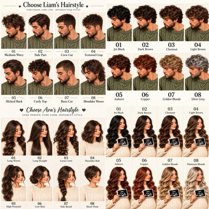 May include: A visual guide titled Choose Liam's Hairstyle and Choose Ava's Hairstyle, displaying various hair styles and colors for two individuals. The chart features numbered portraits showing different cuts, lengths, and shades, including black, brown, blonde, and gray.