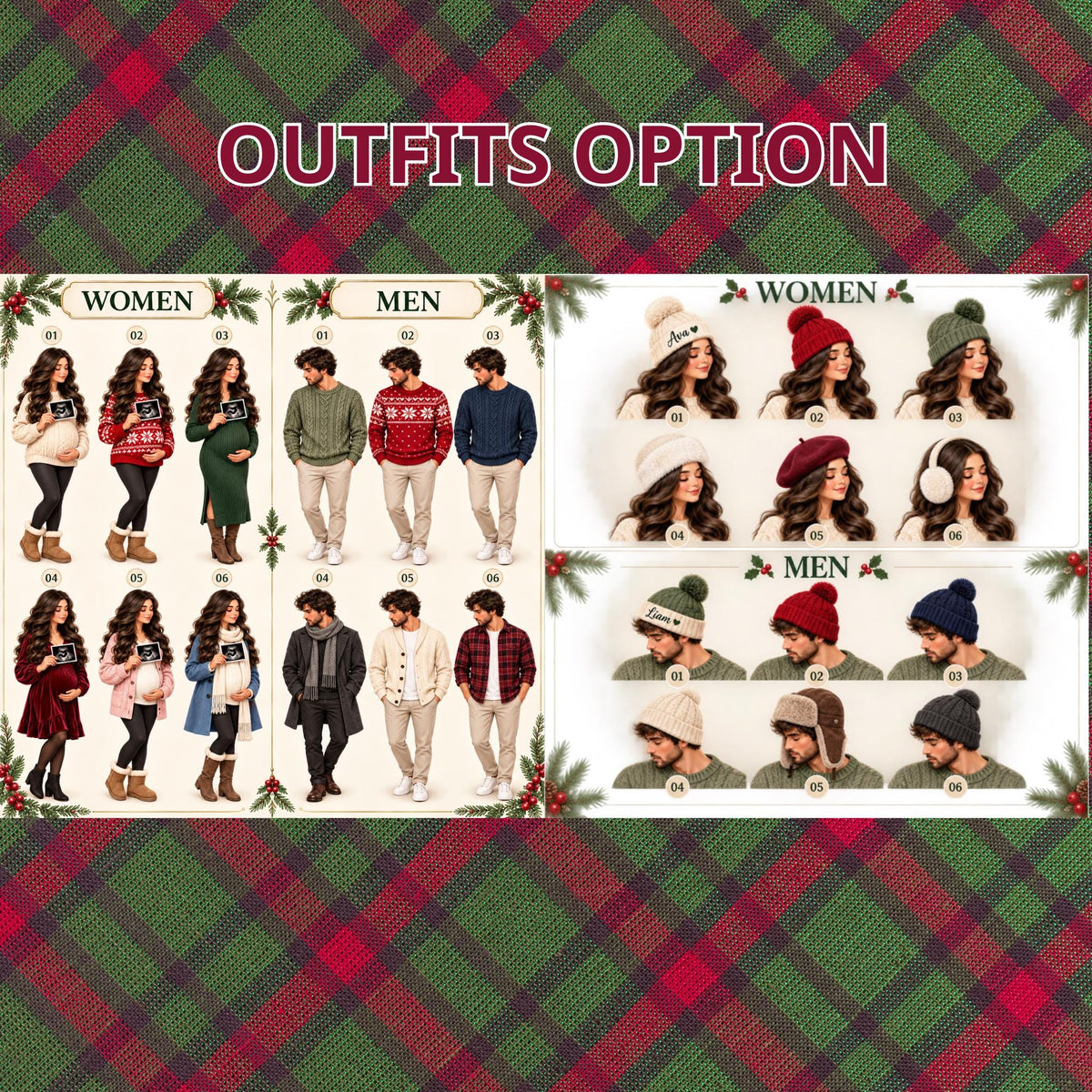 May include: A collage titled OUTFITS OPTION displaying various clothing styles for individuals, including sweaters, dresses, and coats, alongside a selection of winter headwear like beanies, berets, and earmuffs, all organized by category.