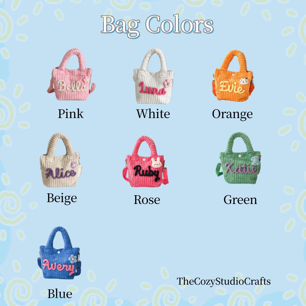A collection of small, corduroy tote bags in various colors: pink, white, orange, beige, rose, green, and blue. Each bag features a different name embroidered on the front. The text "Bag Colors" is at the top.
