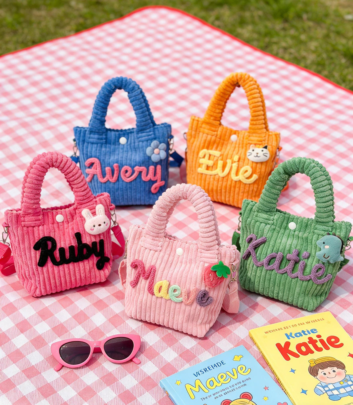 Five colorful corduroy tote bags with names embroidered on them. The bags are in shades of blue, orange, pink, light pink, and green. Each bag has a matching handle and a small decorative charm. Pink sunglasses and two books are in the foreground.