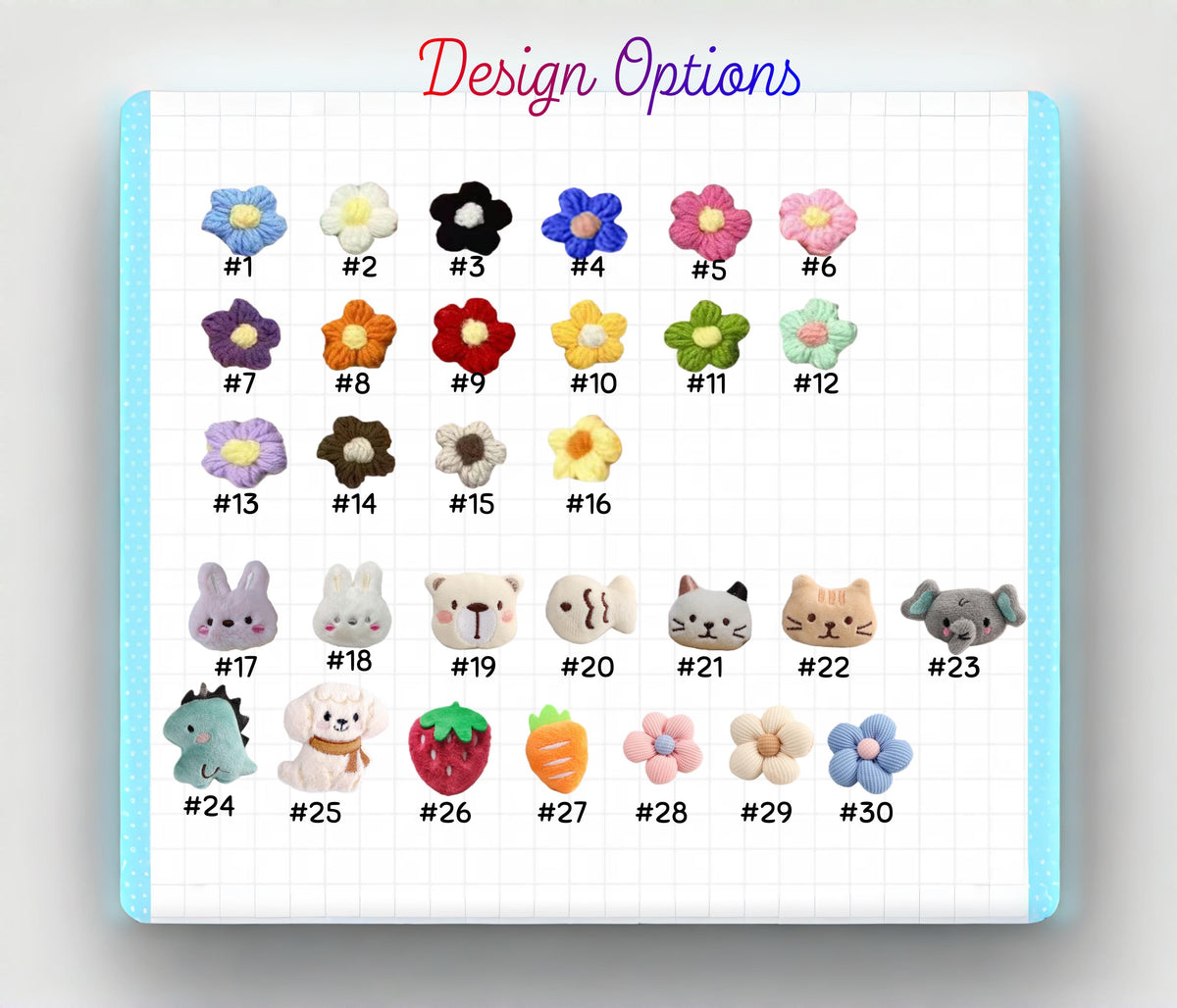 A variety of small, colorful crochet embellishments, including flowers, bunnies, a bear, a fish, cats, an elephant, a dinosaur, a dog, a strawberry, and a carrot. The text "Design Options" is at the top.