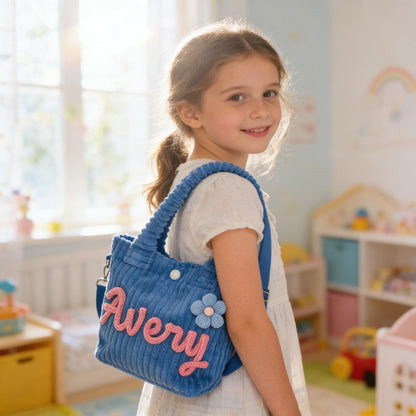 A blue corduroy tote bag with the name "Avery" in pink script. The bag has a blue flower applique and a shoulder strap. The bag is being carried by a young person.