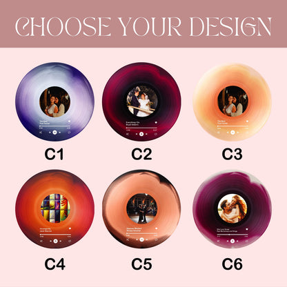 Six different designs for custom vinyl records. Each record features a different color scheme and a photo of a couple. The text "Choose Your Design" appears at the top of the image.